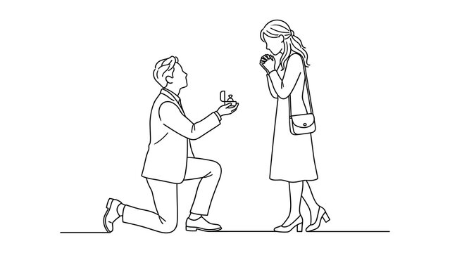 A line art illustration of a man proposing marriage to a woman.