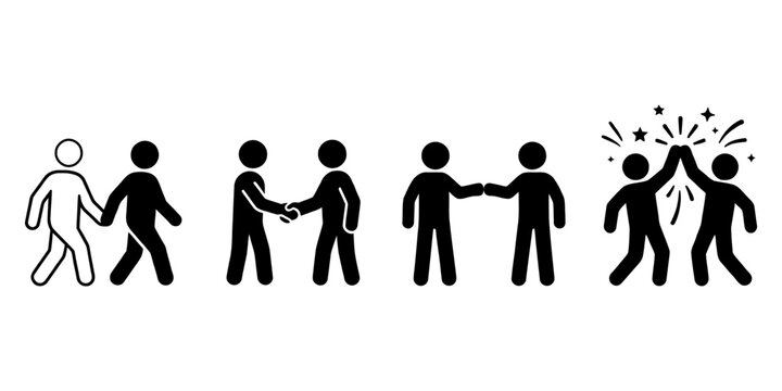Set of icons representing human interaction and social connection, including walking together, shaking hands, fist bumping, and high five