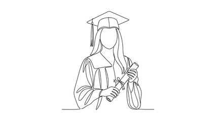 Obraz premium Continuous line drawing of a female graduate student wearing an academic cap and holding a diploma.