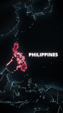 Vertical 3D digital map of Asia featuring the Philippines highlighted in glowing red with typography, perfect for short-form social media updates, mobile app promos, and portrait smartphone ads.
