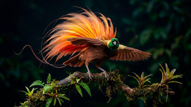 A breathtaking, hyper-realistic close-up portrait of a Greater Bird of Paradise perched on a mossy branch in a lush tropical rainforest. The bird is captured in a magnificent courtship display with it