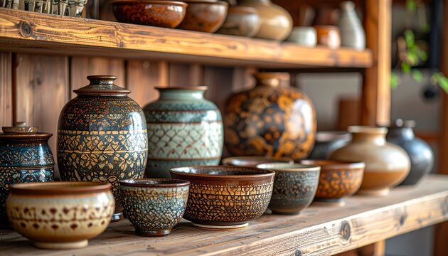 木製棚に整然と並ぶ陶器の壺と器のコレクション、手工芸とアンティーク雑貨のインテリア