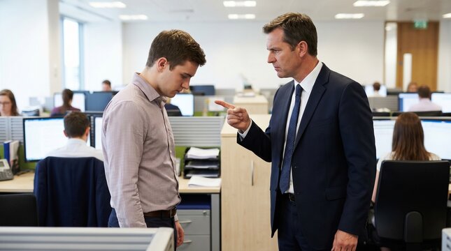 A male manager in a suit scolding a younger male employee who looks downcast in a modern office environment.