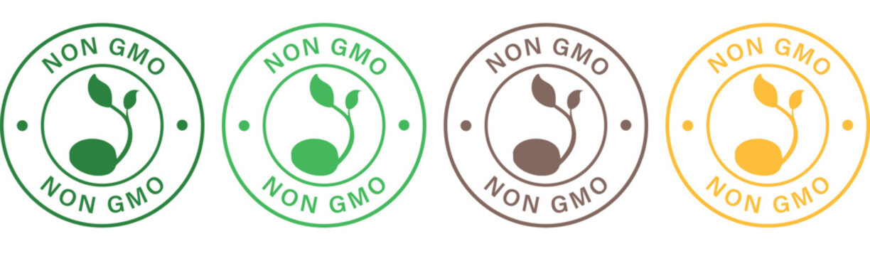 Non GMO Organic Product Labels Set with Plant Icon in Four Colors
