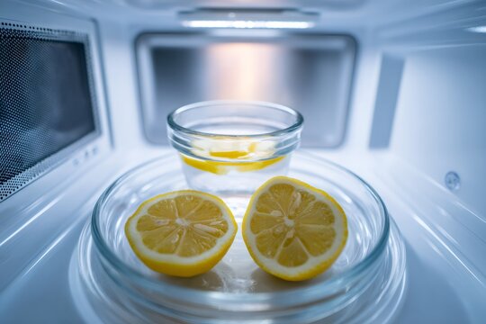 Natural method for cleaning a microwave oven with lemon and water. Eco-friendly life hack for deodorizing kitchen appliances with fresh citrus fruit