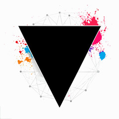 Black triangle with colorful splatter and polygonal network on white background © Roni