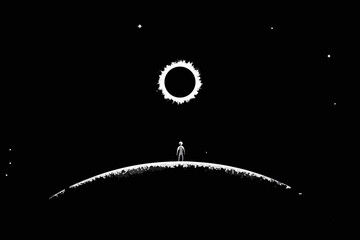 Astronaut silhouette gazing at solar eclipse against a black background © Roni