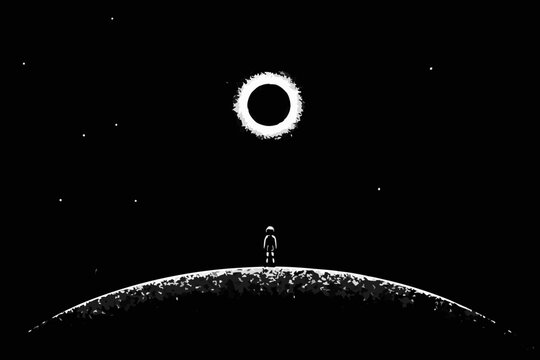 Astronaut Silhouette Gazing At Solar Eclipse Monochrome Space Scene