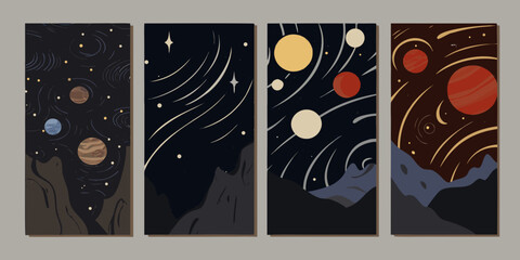 Planetary arrangements with orbital paths retro styled vector illustrations © Roni