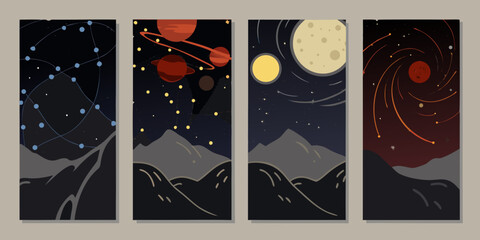 Space exploration themed vector illustrations with planets and mountainous landscapes © Roni