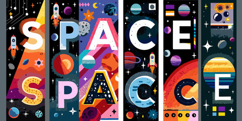 Space Typography Vector Illustration With Planets And Rockets © Roni