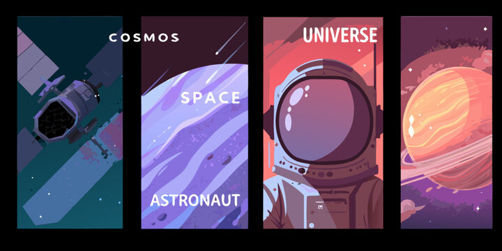 Space themed vector illustrations featuring satellites astronauts and planets
