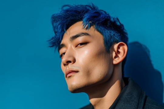 Portrait of young man with blue hair