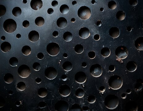 dark metallic perforated surface with scattered grunge texture creates a compelling industrial or technology background with depth and visual