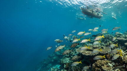 Obraz premium Underwater view of a coral reef with a school of yellow fish. Traditional outrigger boats floating on the ocean surface above. Marine ecosystem concept. Copy space for text