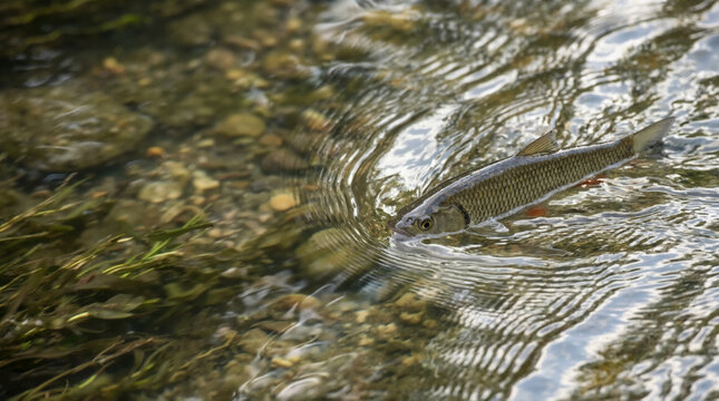 Single chub fish swimming just beneath the surface of a clear shallow river. Freshwater wildlife in natural habitat with water ripples