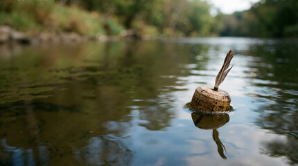 Obraz premium Rustic handmade cork and feather fishing float drifting on a river. Close up of traditional angling equipment on the water surface. Outdoor hobby
