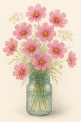 Obraz premium Artistic composition of a summer bouquet featuring pink cosmos and wildflowers in watercolor