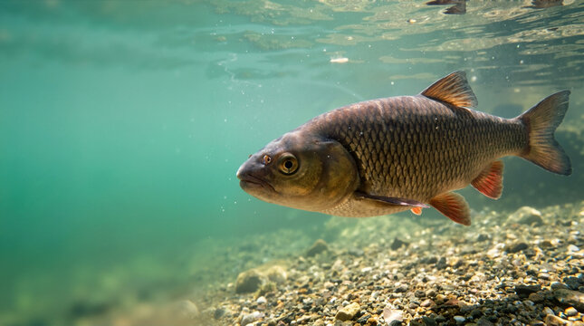 Chub fish swimming underwater in a clear river. Close up of freshwater wildlife over a pebbled riverbed. Natural aquatic environment