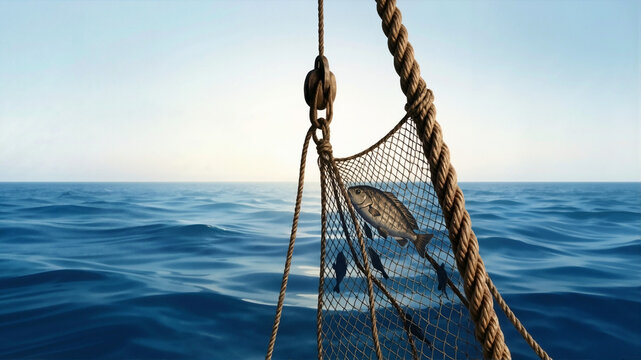 Fishing net suspended by ropes over the ocean with a caught fish. Hauling the catch from the sea. Commercial fishing industry concept