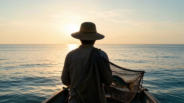 Fisherman standing on a boat holding a net with a caught fish. Silhouette of a person at sea during sunset. Traditional fishing lifestyle