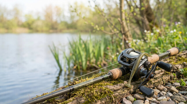 Baitcasting fishing rod and reel with a plastic worm lure on a mossy log. Bass fishing gear setup by a lake. Outdoor recreation