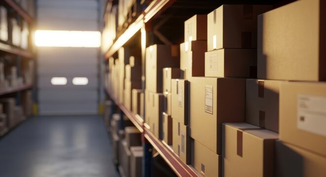 Warehouse shelves stacked high with cardboard boxes in warm golden hour light, creating a sense of order and abundance