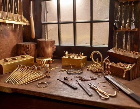 various goldsmith tools on a jewelry workplace