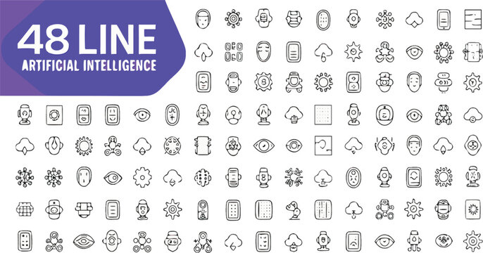 Artificial intelligence set of web icons in line style. AI technology icons for web and mobile app. Machine learning, digital AI technology, algorithm, smart robotic