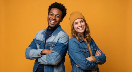 Fototapeta premium Cheerful diverse young couple standing back to back in matching denim jackets with crossed arms against vibrant yellow background