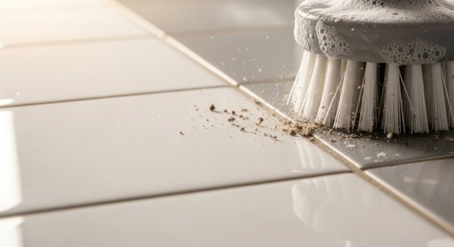 Close-up of scrubbing brush cleaning dirt from bathroom tile grout with soapy water for home maintenance and hygiene