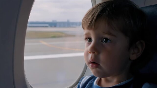 child looking airplane window close-up, kid watches runway through aircraft window with curious, slightly scared expression, first flight experience, travel discovery and emotional moment inside cabin