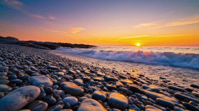 Tranquil beach at sunset with waves gently lapping against a pebble shoreline under a colorful sky