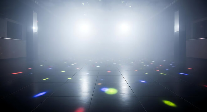 Empty dance floor with colorful disco lights and heavy fog