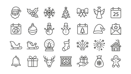 Christmas icons set including Santa Claus hat reindeer snowflake tree ornament calendar gift and more festive symbols  holiday elements © Shibu Pada Ghosh