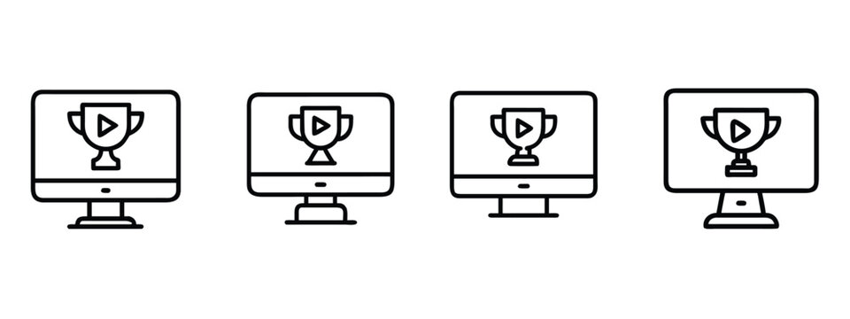 Esports streaming video game monitor web line icons set online tournament trophy display computer screen championship play cyber live broadcast & more with editable stroke