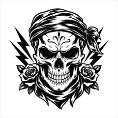 Fototapeta premium Bandana Skull With Roses and Lightning Bolts Vintage Tattoo Style Vector Illustration