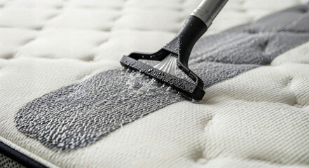 Fototapeta premium Mattress cleaning process with vacuum tool on fabric surface 