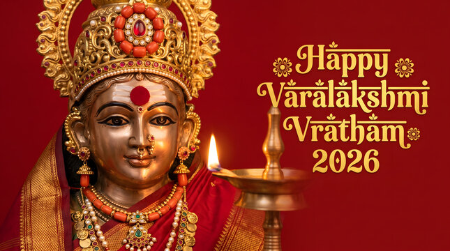 Varalakshmi vratham 2026 greeting with golden goddess idol coral bead necklace diya red background