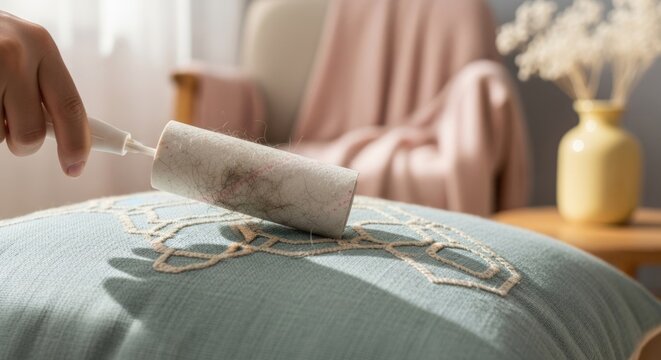 Hand using sticky lint roller to clean pet hair from decorative throw pillow in a cozy, sunlit room