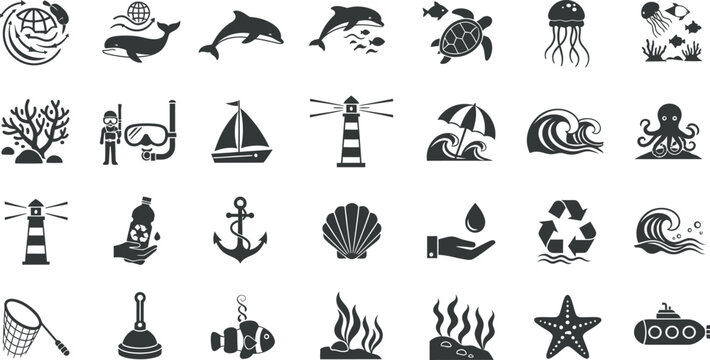 Marine life and nautical icons collection black glyphs featuring whales turtles boats and ocean elements isolated on transparent background