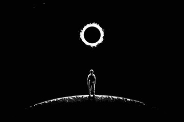 Astronaut Viewing Solar Eclipse Monochrome Silhouette Against Dark Background © SreemotiRaba