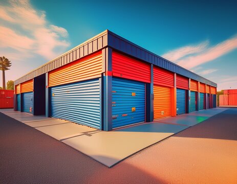 generative ai mini colorful metal self storage facilities rental units warehouse exterior industry garage building