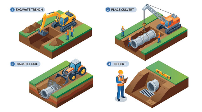 Isometric diagram illustrating the complete culvert installation process, including trench digging, pipe laying, soil backfilling, and inspection for urban infrastructure and drainage systems