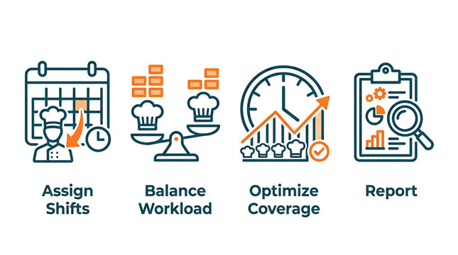 Workforce management icons for staff scheduling, labor optimization, workload balance, and business performance reporting