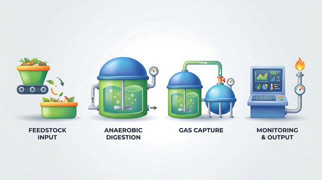 Vector illustration of biomass waste to biogas production process including digestion, gas capture and monitoring systems for green energy