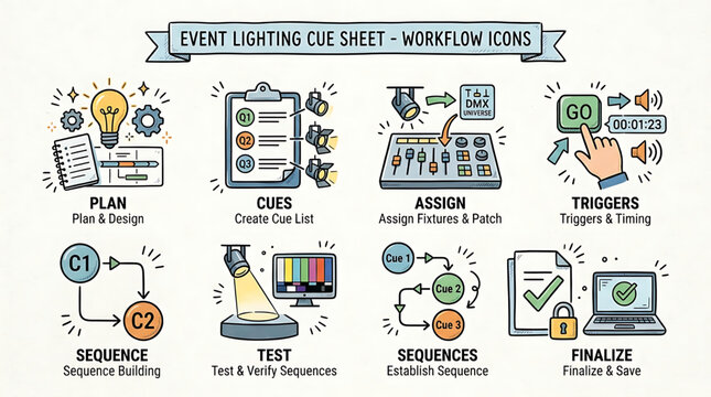 Event planners create workflow icons for lighting cue sheets and sequences