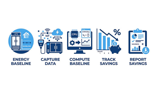 Energy efficiency icons show baseline data on computer screen report savings