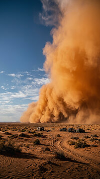 Massive orange dust devil rises high into blue sky over arid desert landscape with tire tracks and sparse vegetation in foreground