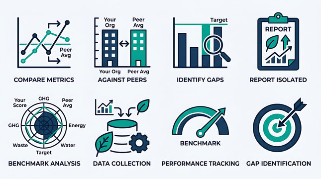 Business infographic shows data collection and performance tracking metrics with targets